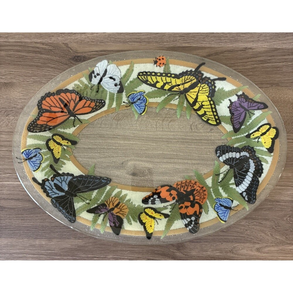 Vintage Peggy Karr Glass 18” Butterflies Fused Glass Platter, In Box Collectible